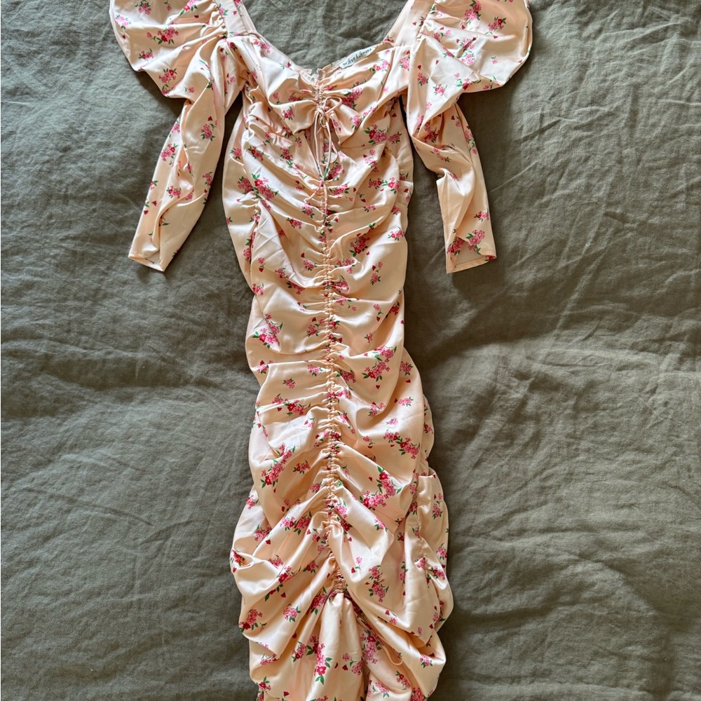 For Love & Lemons Pink Floral Ruched Midi Dress